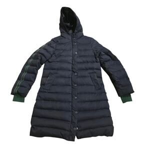 Boden Women Navy Blue Green Stripe Long Down/Feather Winter Coat Size US 6 READ